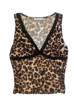 12th Tribe Leopard Print Mesh Lace Trim Tank